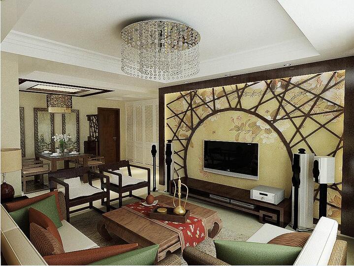 玉林山水名居新中式拱形电视墙靠背椅圆形珠帘吊灯木质茶几效果图